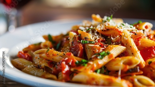  a plate of pasta with tomato sauce, parmesan cheese, and parmesan sprinkles.