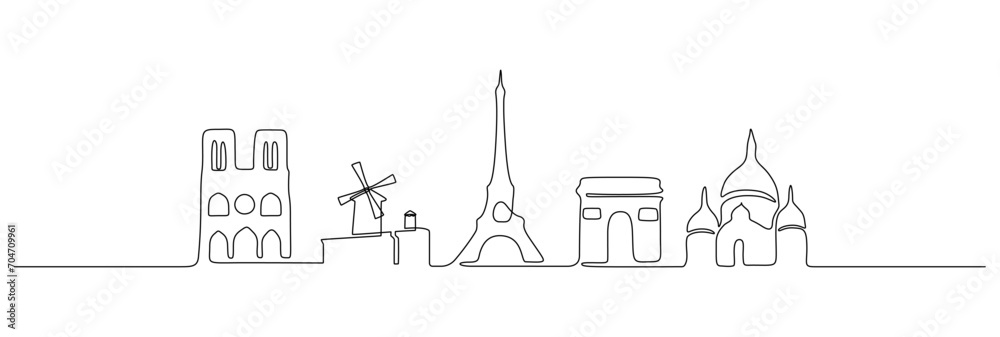 Continuous one line drawing of Paris skyline. French landmarks buildings and city architecture with Eiffel Tower in simple linear style. Editable stroke. Doodle vector illustration