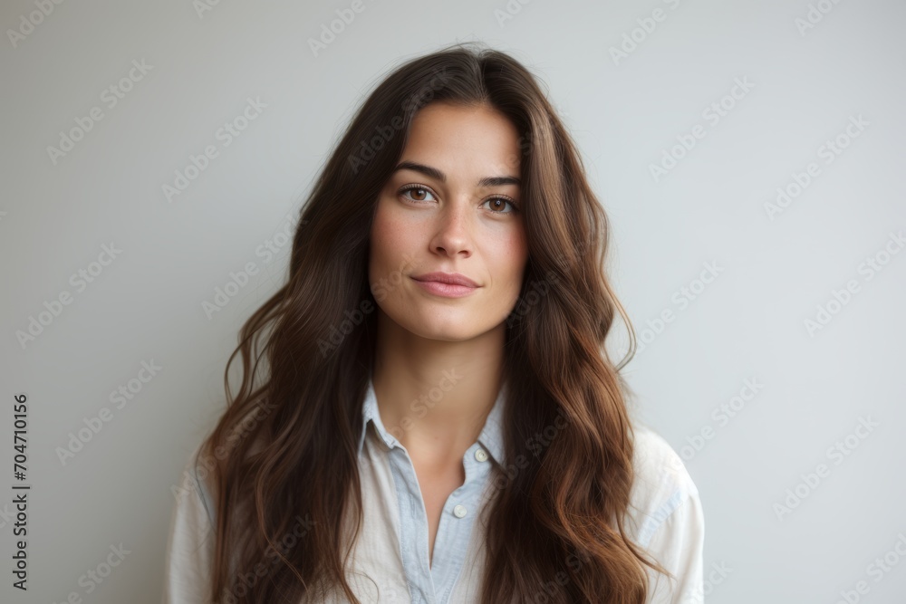 Portrait of beautiful woman with long brown hair looking at camera. Portrait of beautiful woman with long brown hair looking at camera.
