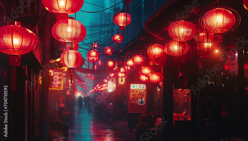 Red lanterns and lanterns lighting up the streets © ginstudio