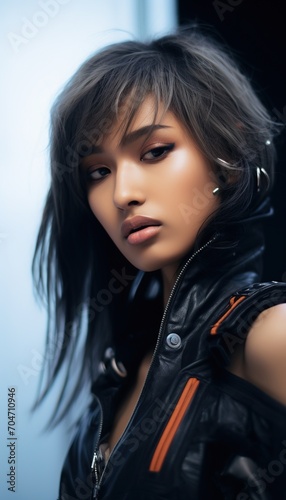 Portrait of a young Asian woman with short gray hair and brown eyes wearing a black leather jacket