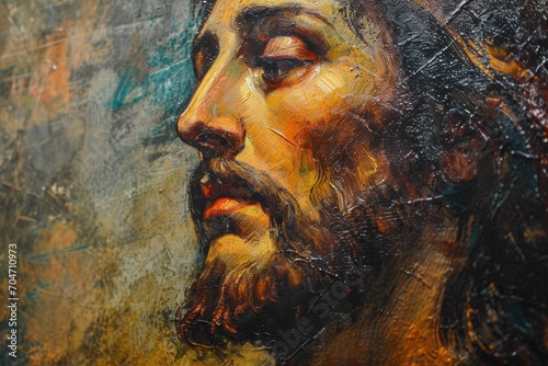 Macro of a peaceful Jesus Christ painting in a chapel.