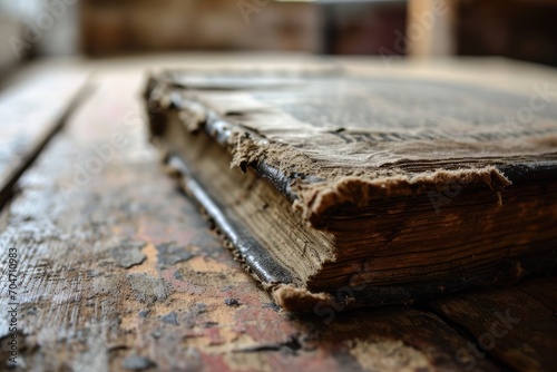 Macro of a Jesus Christ prayer book, old and worn, signifying devotion.