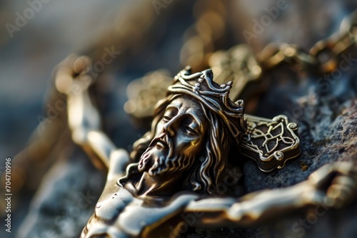 Macro of a vintage Jesus Christ pendant, symbolizing timeless faith.