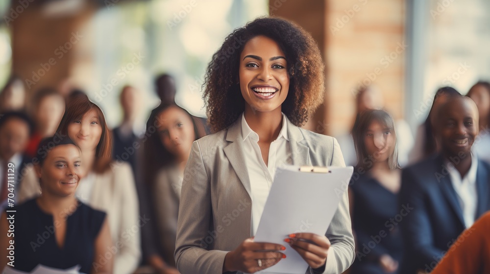 African young business woman in front of a group African young business woman in front of a group