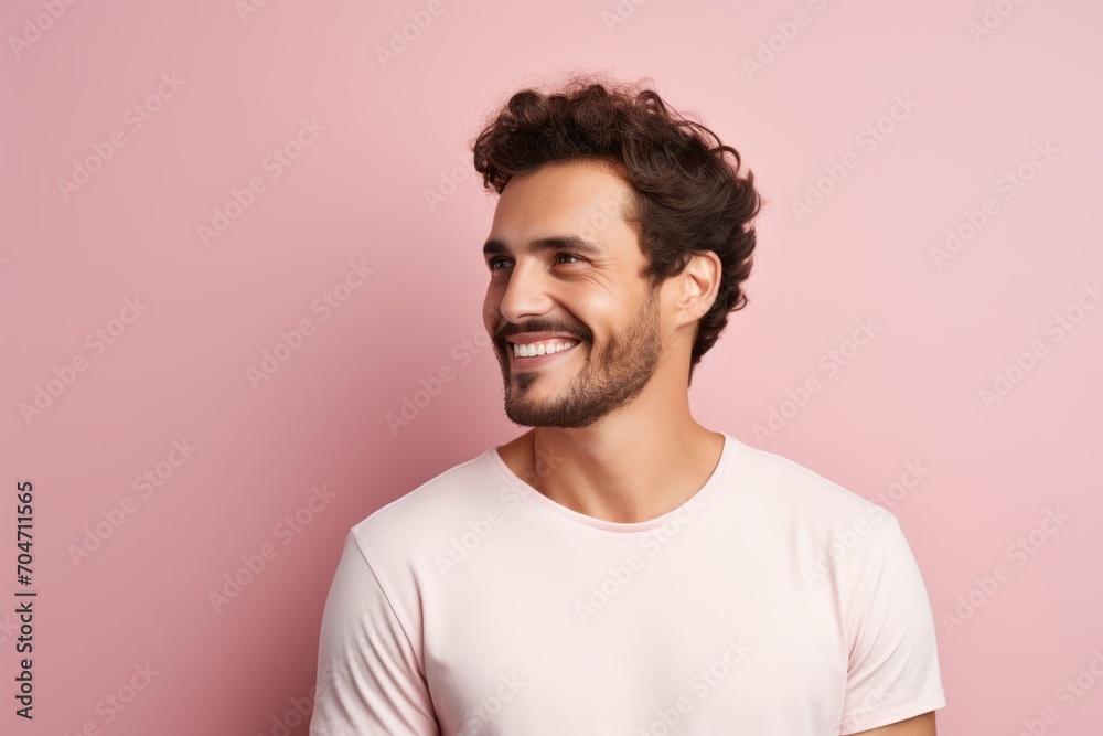 Portrait of a handsome young man with curly hair on a pink background Portrait of a handsome young man with curly hair on a pink background