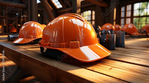 Hard Hats on a Wooden Table photo