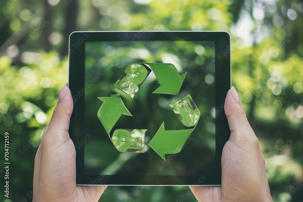 Recycle symbol on a digital tablet screen with icons of recyclable