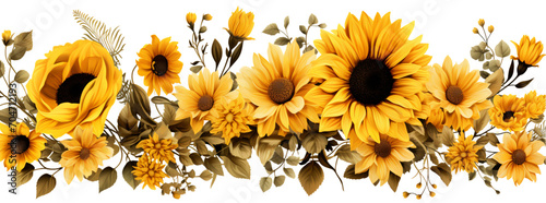 sunflowers isolated, shiny yellow sunflowers, composition yellow flowers, transparent background cutout
