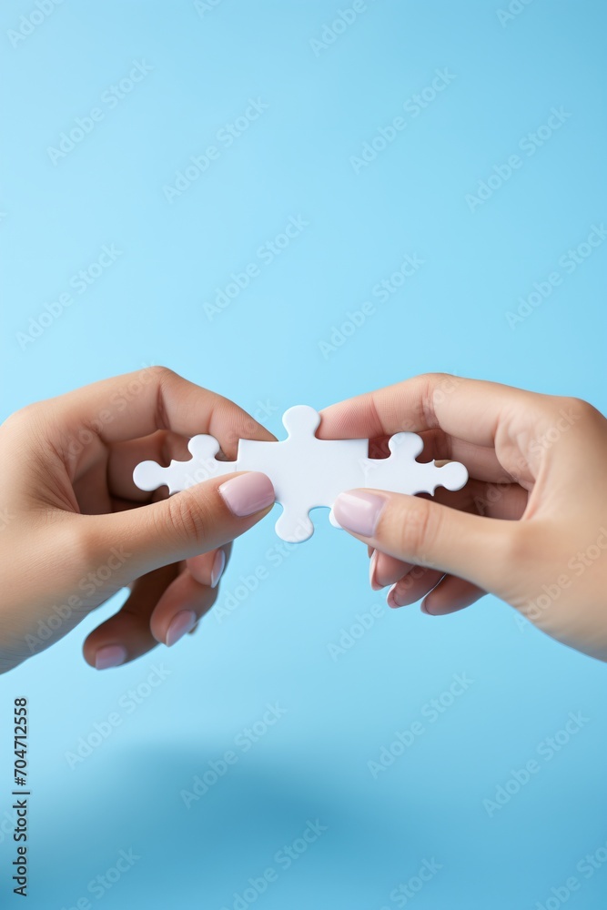 Two Light Skinned Hands Connecting Two White Puzzle Pieces Two Light Skinned Hands Connecting Two White Puzzle Pieces