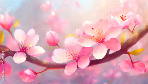 Cherry blossoms flowers on soft pink background, selective focus, 3d effect, illustration © V