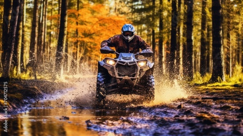 ATV in action splashing water motion blur at trail forest , extreme sports concept. photo