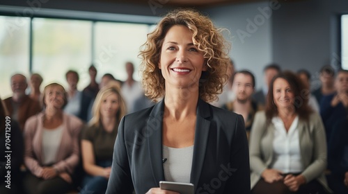 American middle age business woman in front of a group