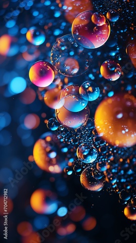 Colorful bubbles floating in a dark blue liquid