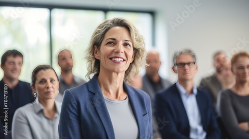American middle age business woman in front of a group