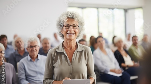 American senior business woman in front of group