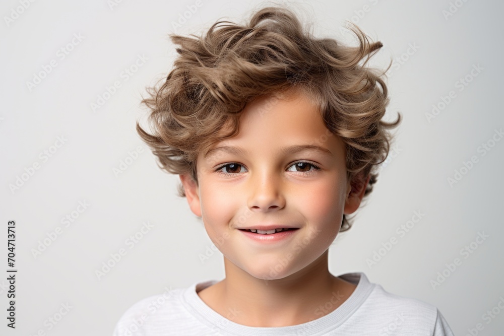Closeup portrait of a cute little boy with blond curly hair over grey background Closeup portrait of a cute little boy with blond curly hair over grey background