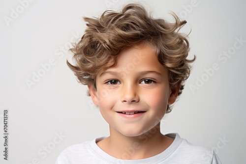 Closeup portrait of a cute little boy with blond curly hair over grey background