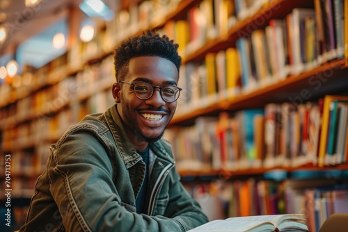 Smiling young man studying in a library, academic goals and education.