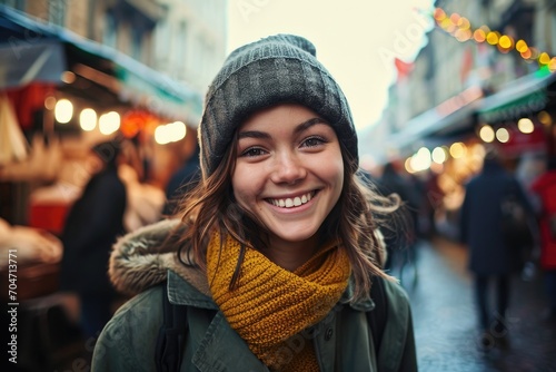 Smiling young woman exploring a bustling city street market.