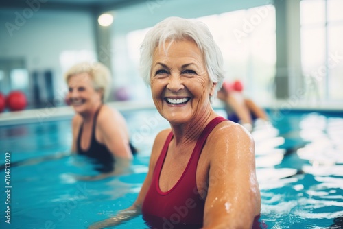 Smiling elderly women doing water aerobics in a swimming pool © duyina1990