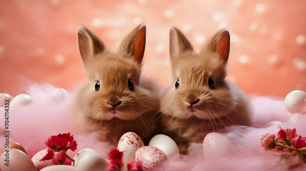 Two small bunnies in a basket with colorful eggs, in the style of soft-focus portraits, shiny eyes. Easter background. Two small bunnies in a basket with colorful eggs, in the style of soft-focus portraits, shiny eyes. Easter background.