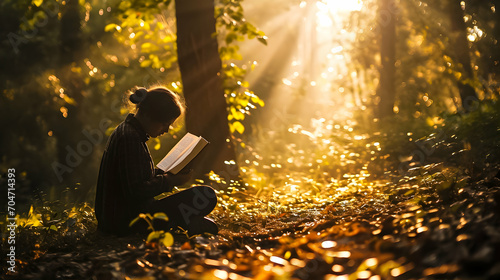 Silhouette of woman reading a book in the park. photo