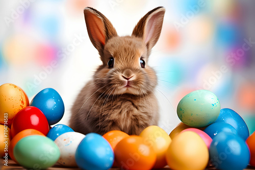 Adorable easter bunny and colourful easter eggs. © SuperGlück