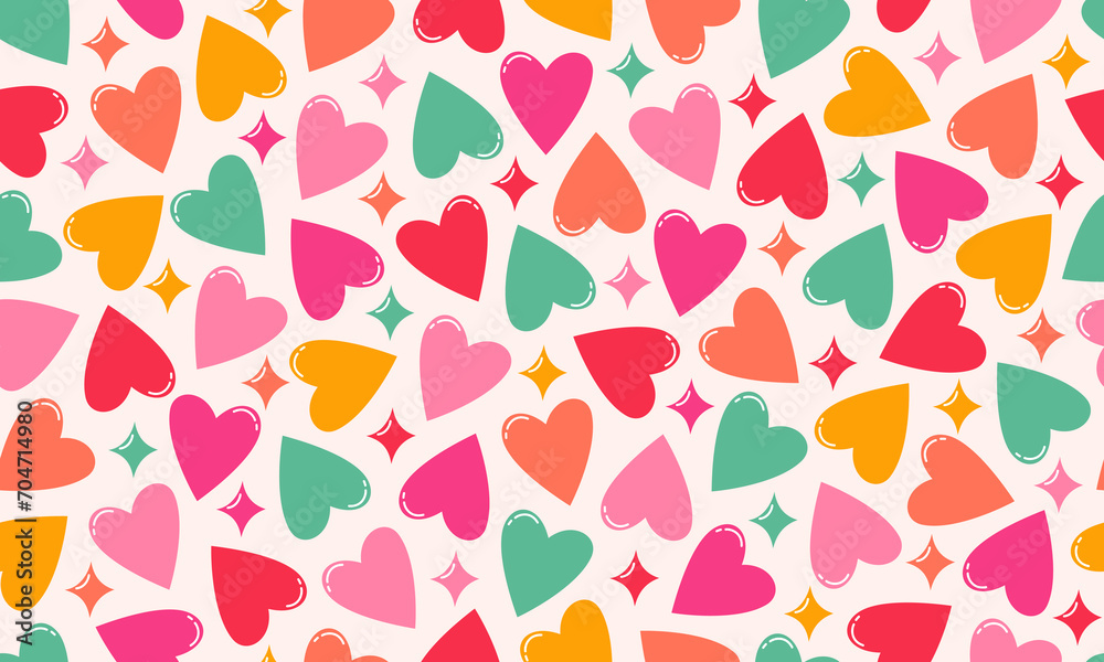 Seamless vector pattern of colourful hearts in bright vibrant colours on light background. Valentine's day, birthday pattern design for wrapping paper, paper bags, wallpaper. Seamless vector pattern of colourful hearts in bright vibrant colours on light background. Valentine's day, birthday pattern design for wrapping paper, paper bags, wallpaper.