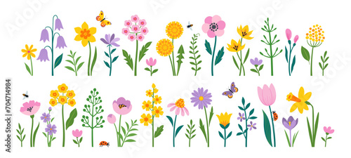 Vector set of spring Easter flowers and insects in flat style isolated on white background.  #704714984
