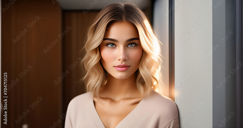 Naklejka premium Beauty female face. Beautiful brunette woman, portrait close up. Portrait of Beauty woman with blue eyes. Beauty face. Fashion Beauty face. Sexy model girl with curly hairstyle. Woman face close up.
