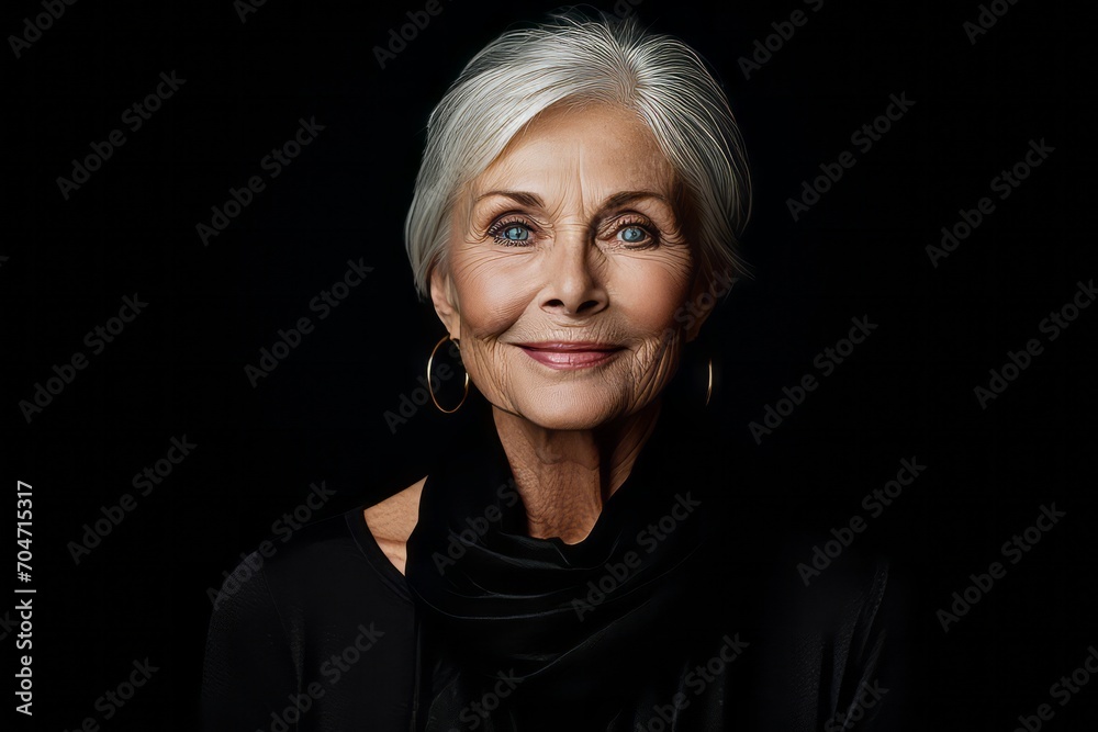 Portrait of smiling senior woman in black scarf isolated on black background