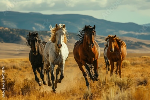 Wild horses galloping freely across an open field.