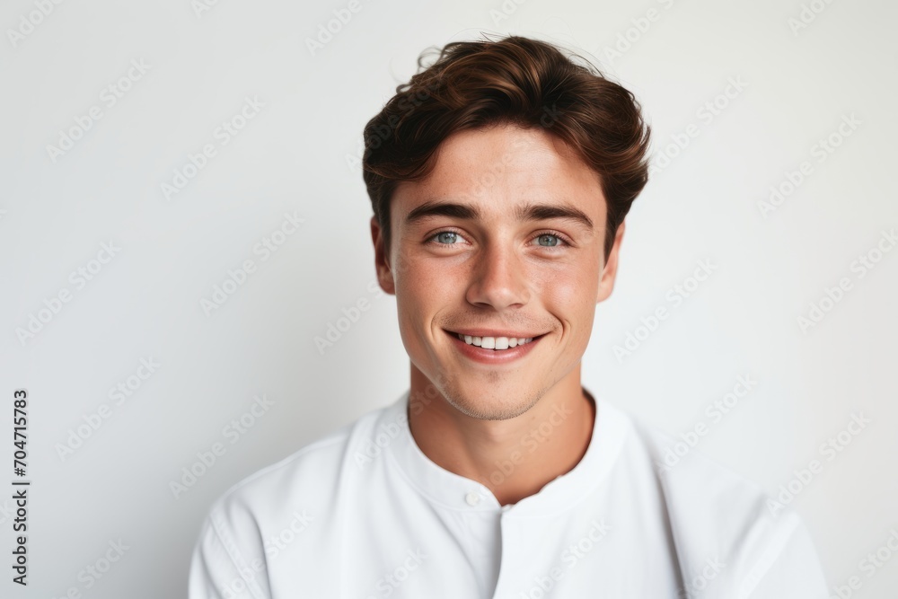Portrait of a handsome young man smiling at the camera while standing against white background Portrait of a handsome young man smiling at the camera while standing against white background