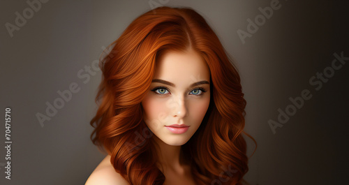 Beautiful ginger girl, closeup face. Beautiful brunette woman, portrait closeup. Face of young woman with blue eyes and wavy redhead hair. Beauty face. Model girl with curly hairstyle. Woman face.