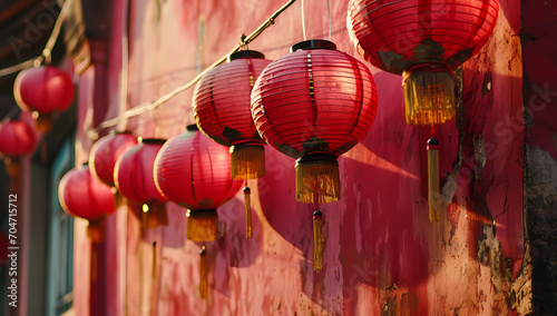 Several red lanterns are hanging from red wall © Food gallery