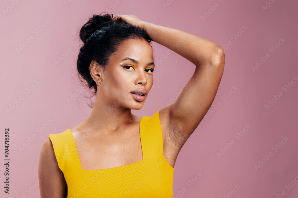 Beauty woman black african smile make-up creative face portrait colourful yellow Beauty woman black african smile make-up creative face portrait colourful yellow