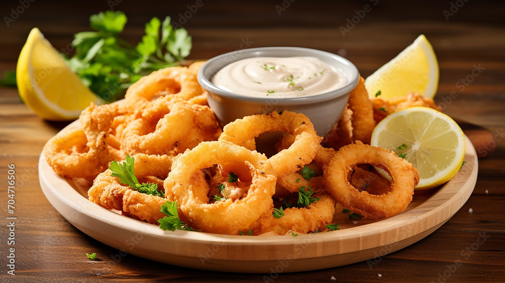 crispy calamari rings on wooden tray with lemon wedge crispy calamari rings on wooden tray with lemon wedge