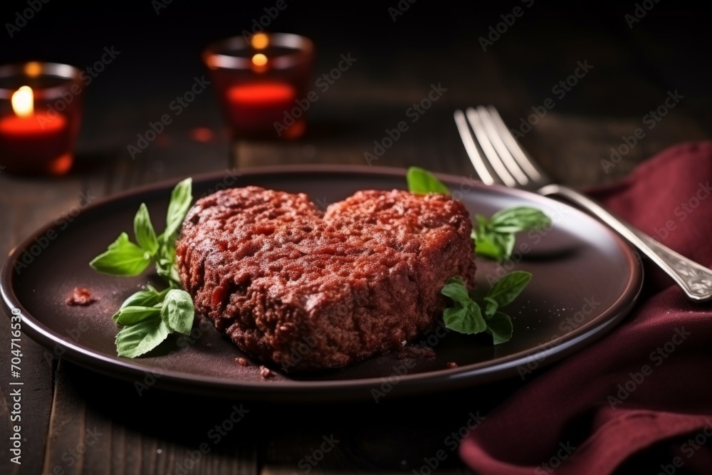 Heart-shaped meat. Background with selective focus and copy space