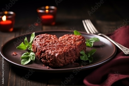 Heart-shaped meat. Background with selective focus and copy space