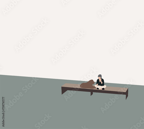 Woman sitting and smoking with brown dog on bench in city street. Hormonal failure. Problems with obesity. Lonely people. Mental health.
