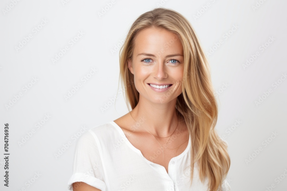 Portrait of a beautiful young blond woman smiling. Isolated on white background.