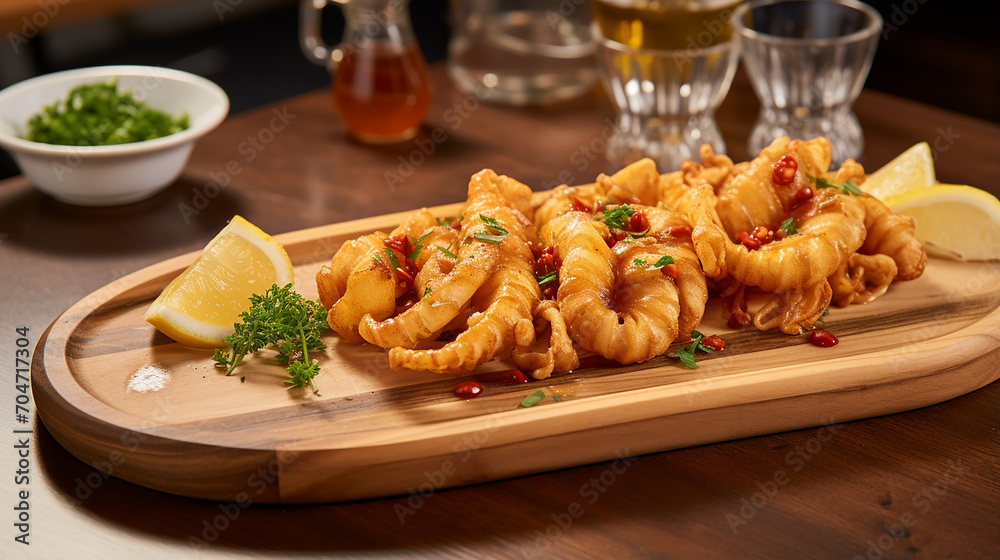 fried calamari squid appetizer on wooden serving tray with lime