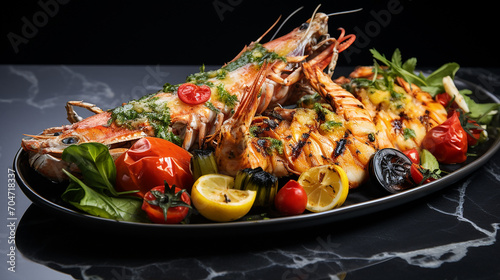 food platting concept with seafood grilled on plate