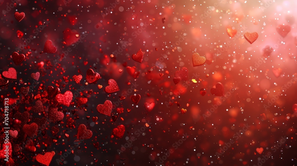 red valentines day heart particles and sprinkles confetti for a holiday celebration on 14th february 2024. shiny red lights. wallpaper background for ads or gifts wrap and web design and banners cards - obrazy, fototapety, plakaty 