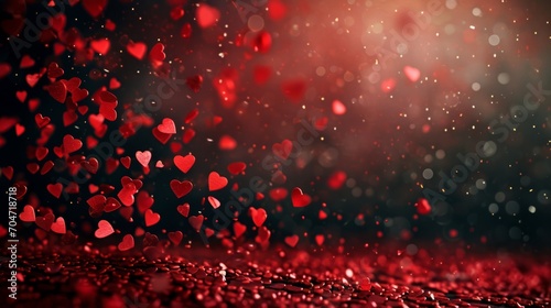 red valentines day heart particles and sprinkles confetti for a holiday celebration on 14th february 2024. shiny red lights. wallpaper background for ads or gifts wrap and web design and banners cards