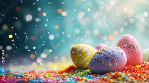 cute colorful easter eggs laying on the ground. confetti sprinkles and particles with bokeh lights. wallpaper background texture for ads, cards, banners, and web design. 16:9