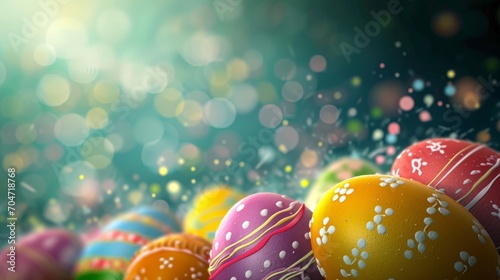 cute colorful easter eggs laying on the ground. confetti sprinkles and particles with bokeh lights. wallpaper background texture for ads, cards, banners, and web design. 16:9