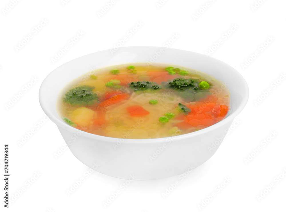Delicious vegetable soup with noodles isolated on white Delicious vegetable soup with noodles isolated on white