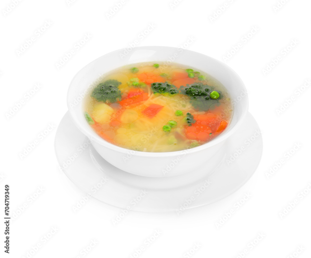Delicious vegetable soup with noodles isolated on white Delicious vegetable soup with noodles isolated on white